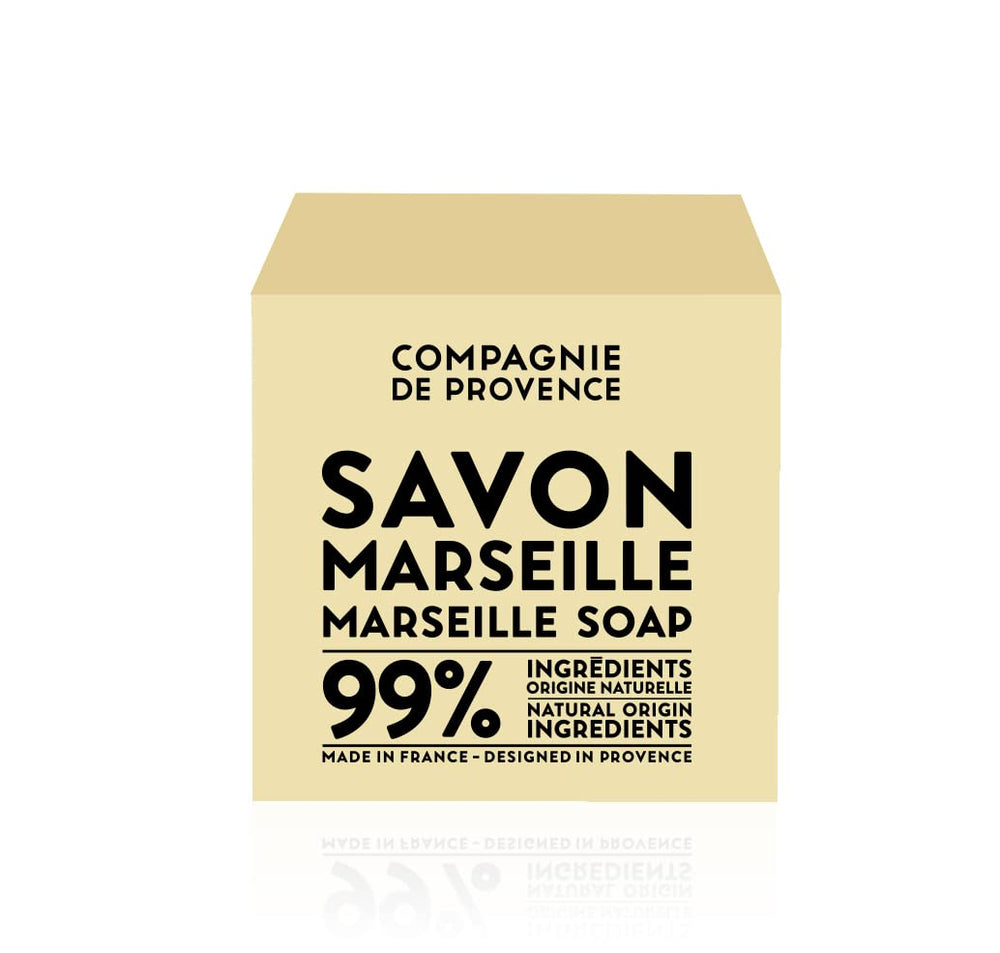 La Compagnie de Provence palm soap cube texture close-up showcases rich lather potential.