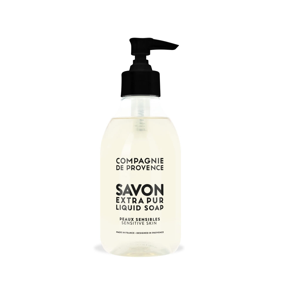 La Compagnie de Provence sensitive skin liquid soap in pump bottle for gentle cleansing.