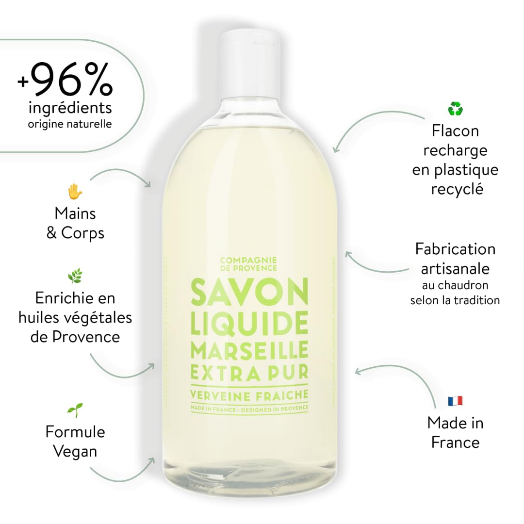 La Compagnie de Provence Verbena bottle back shows labeling and usage notes.