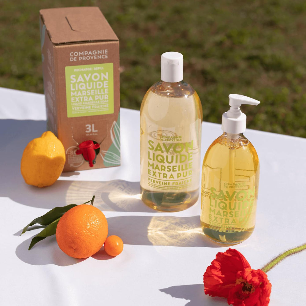 La Compagnie de Provence Verbena fragrance close-up highlights citrus-herbal freshness.