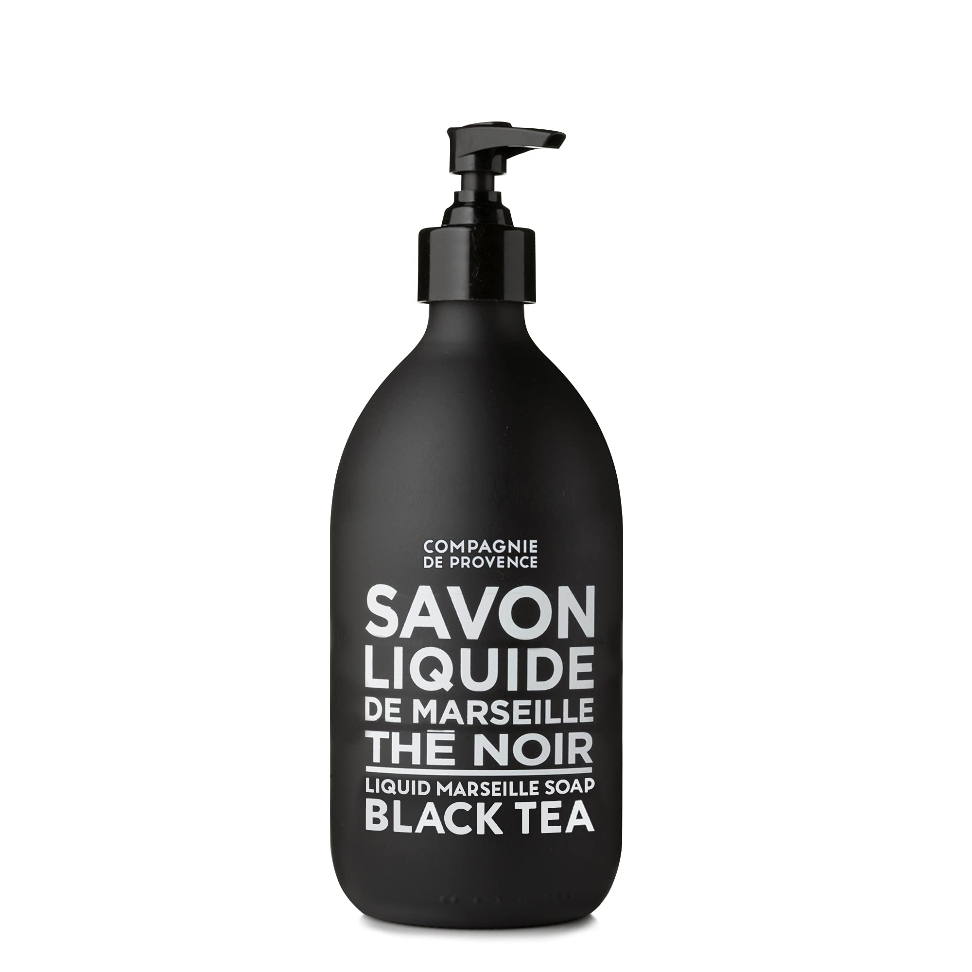 La Compagnie de Provence Black Tea liquid soap bottle with pump for luxurious hand washing.