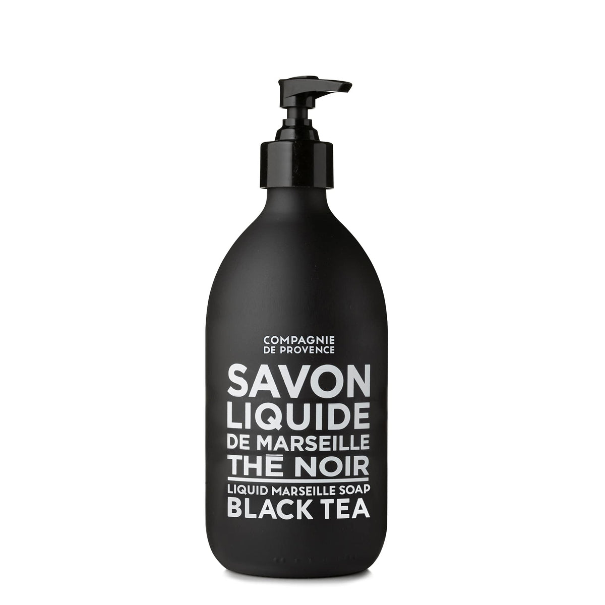 La Compagnie de Provence Black Tea liquid soap bottle with pump for luxurious hand washing.