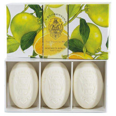 La Florentina Agrumi di Boboli bar soap set, front view, bright citrus scent.