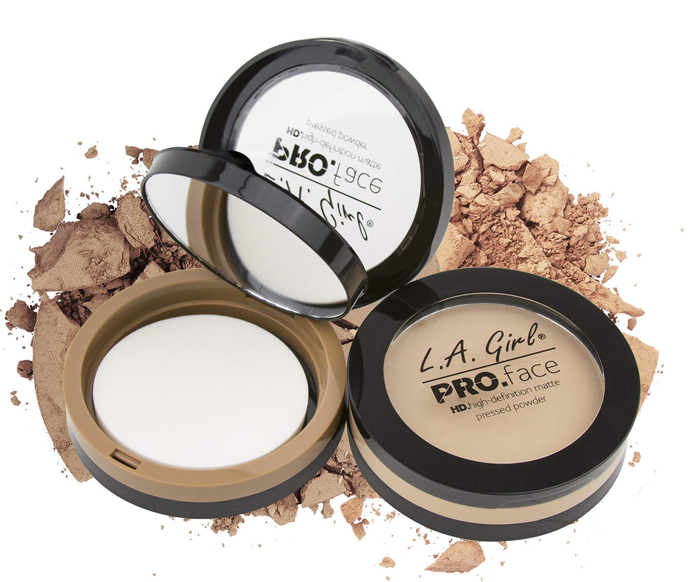 L.A. Girl PRO.Face Matte pressed powder Classic Ivory swatch shows buildable matte coverage.