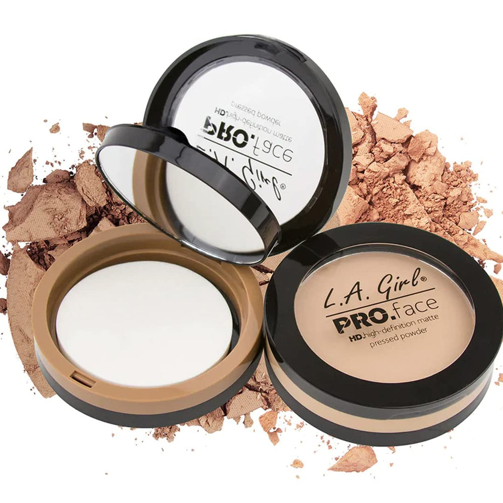 L.A. Girl Pro.Face Matte pressed powder Creamy Natural travel packaging with built-in mirror.