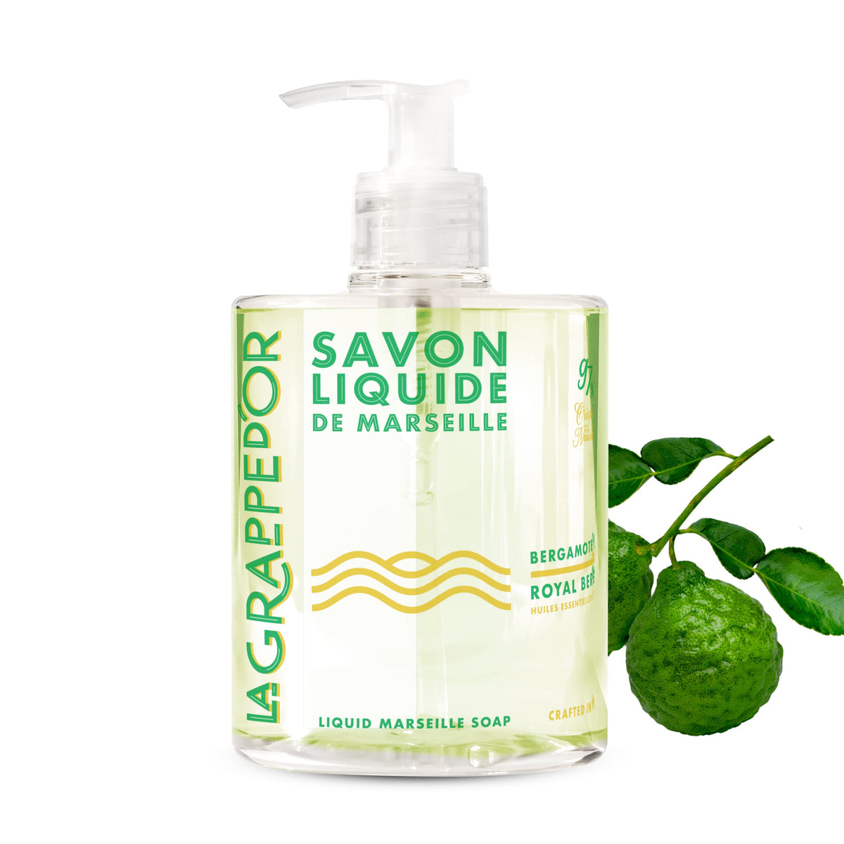 La Grappe d'Or Royal Bergamot hand soap bottle shows moisturizing olive oil for daily cleansing