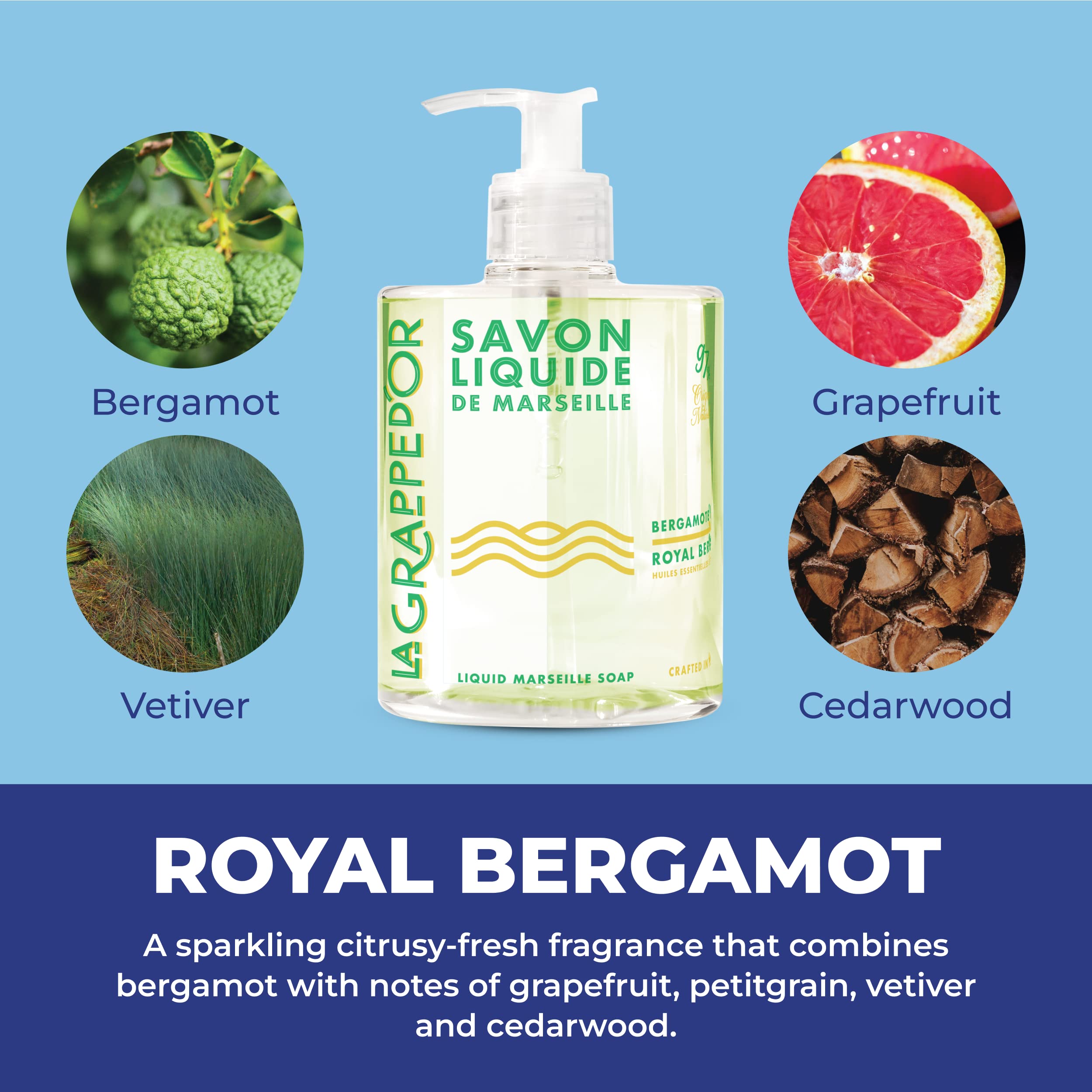 La Grappe d'Or Royal Bergamot soap pour highlights citrusy aroma and quick lather