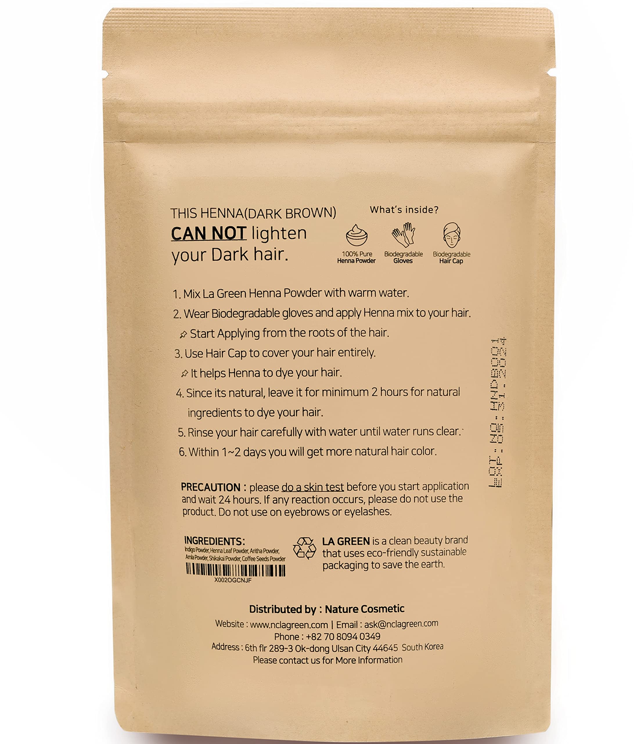 LA GREEN dark brown henna powder closeup shows fine dust for even application.
