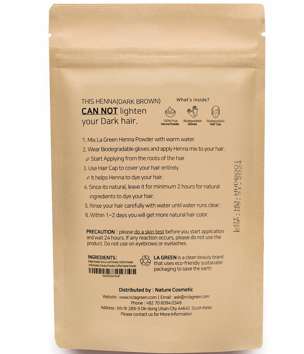 LA GREEN dark brown henna powder closeup shows fine dust for even application.