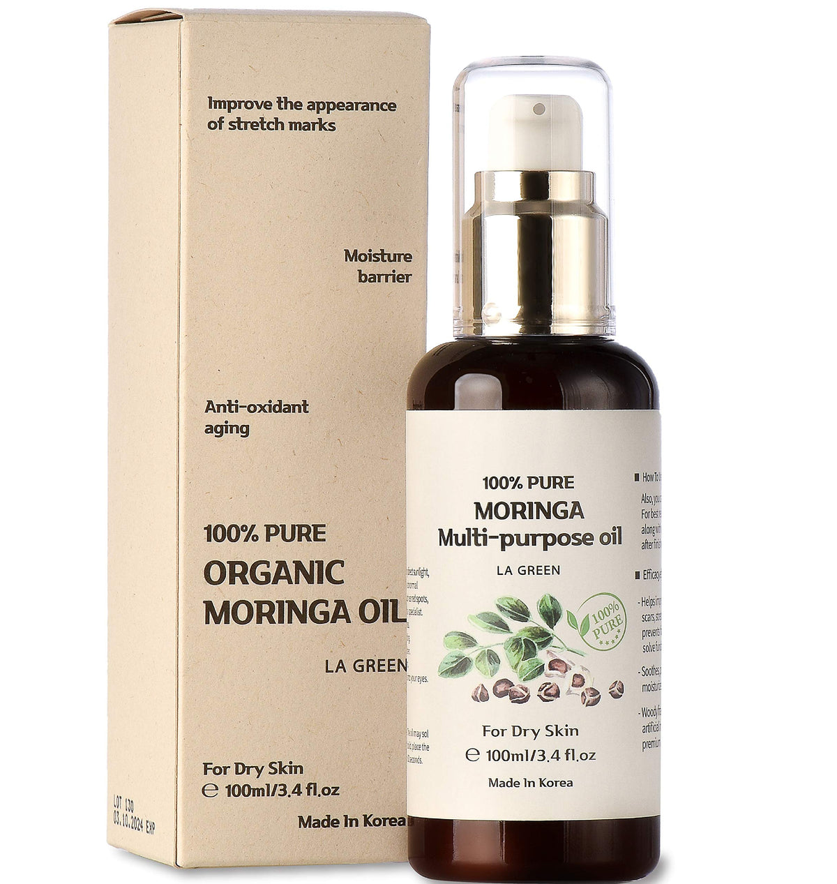 LA GREEN Moringa Oil bottle with pump for convenient daily use.