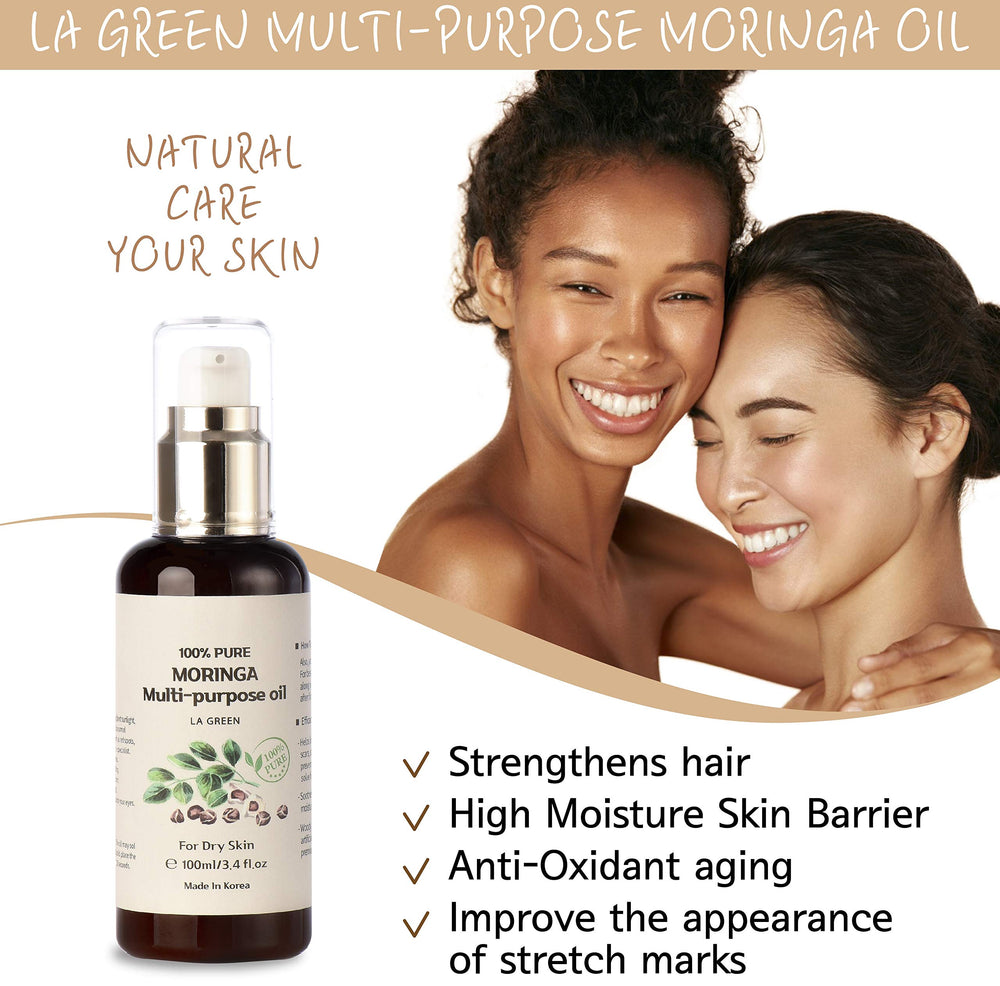 LA GREEN Moringa Oil applied to the face for lightweight hydration.