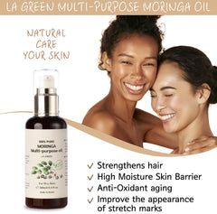 LA GREEN Moringa Oil applied to the face for lightweight hydration.