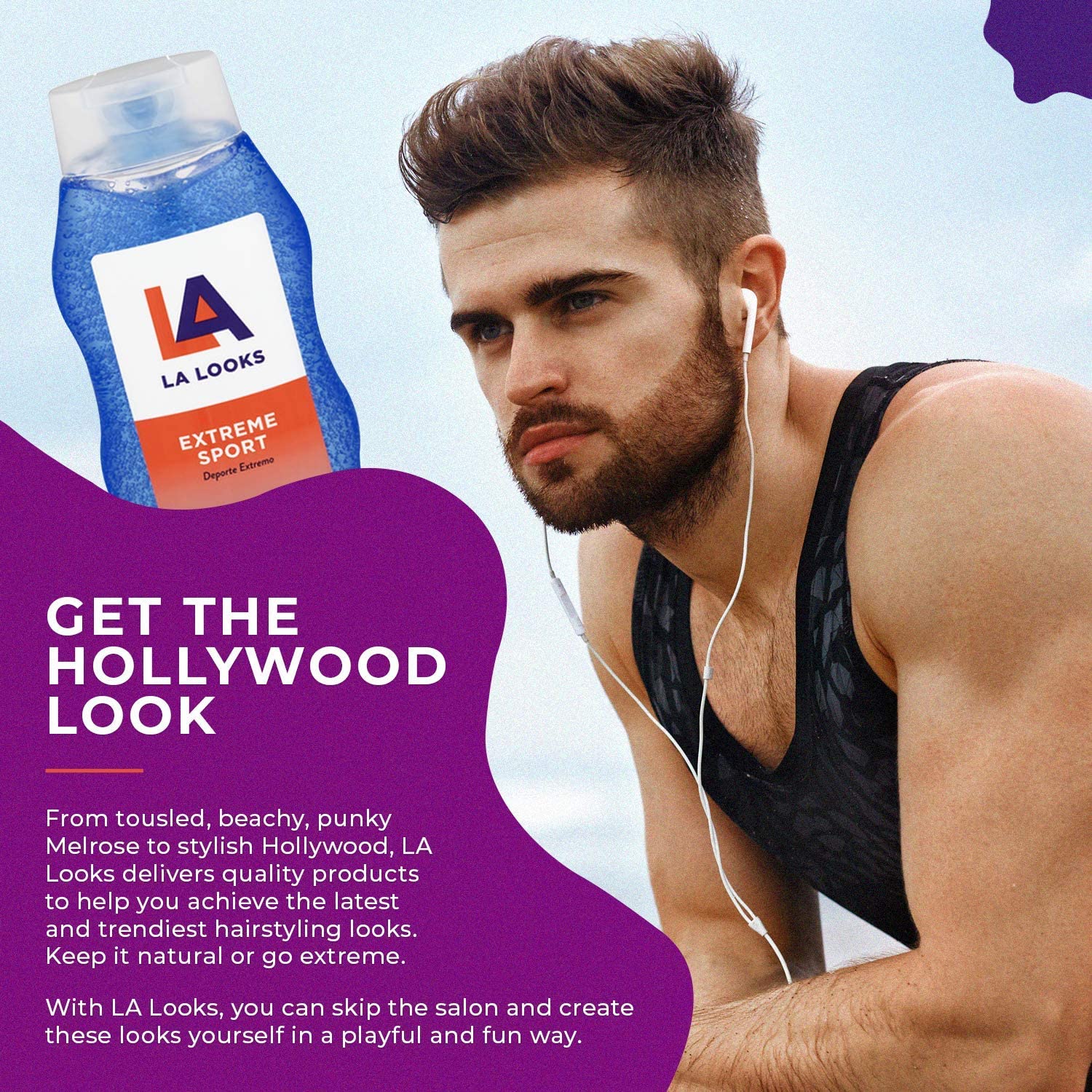 L.A. Looks Durable hold hair gel label emphasizes firm, sweat-friendly performance.