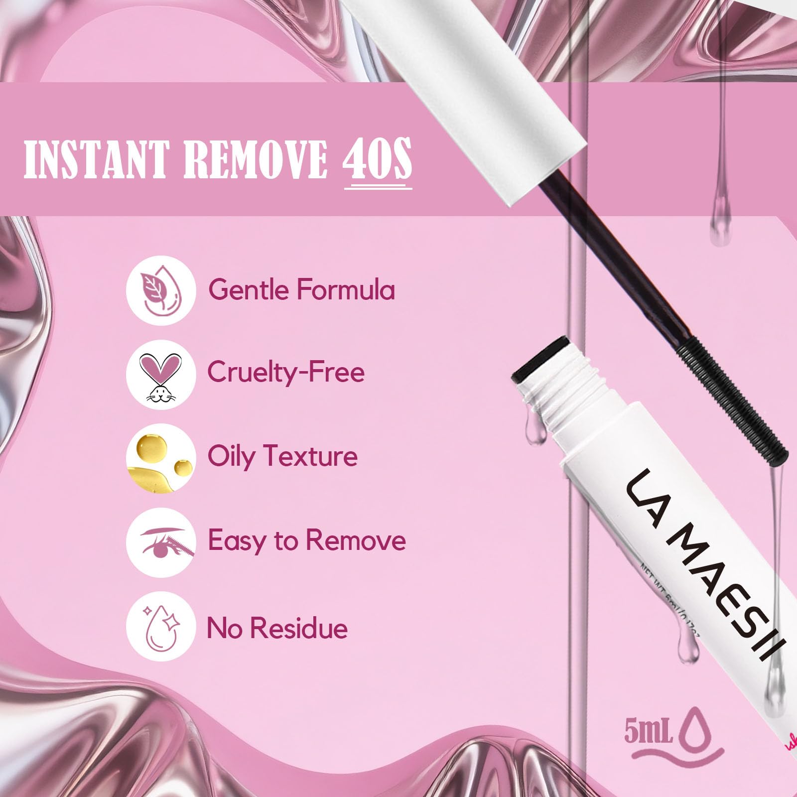 La Maesii Lash Remover spiral brush enables precise, mess-free application on lashes.