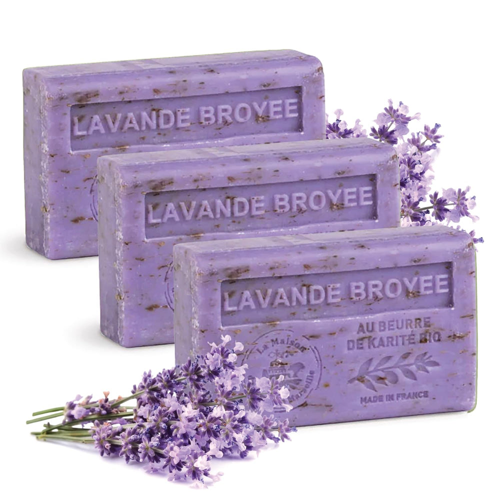 La Maison du Savon de Marseille lavender exfoliating bars nourish and refresh skin with gentle exfoliation.