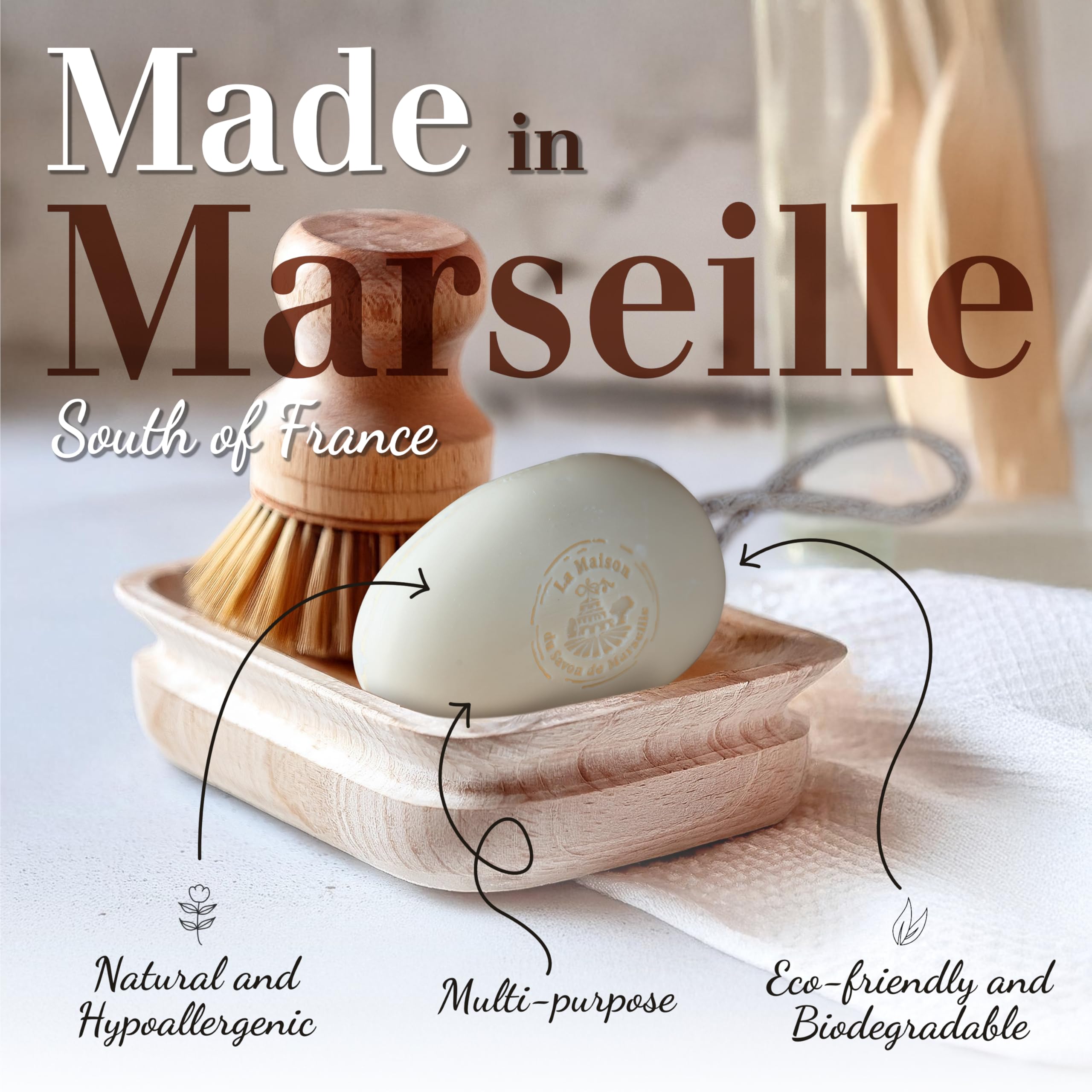 La Maison du Savon Verbena soap with natural hemp rope for air-drying.