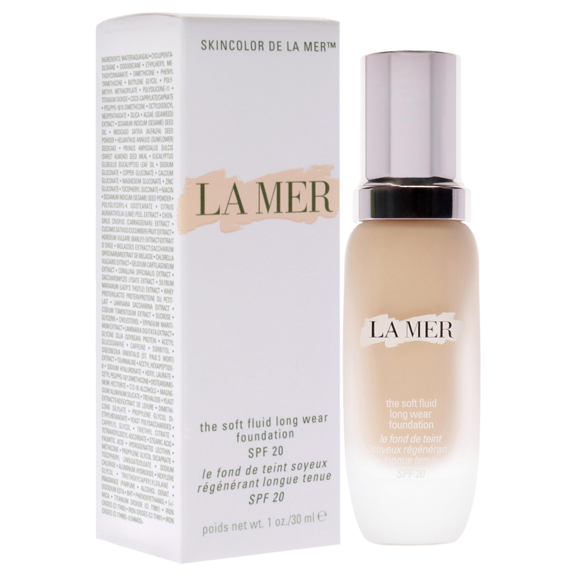 La Mer Soft Fluid Foundation SF20 120 packaging closeup highlights SPF20 protection.