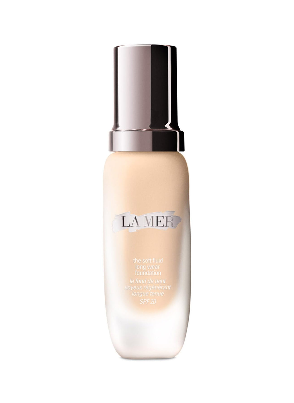 La Mer The Soft Fluid Long Wear SPF 20 Foundation Linen bottle shows natural, breathable coverage.