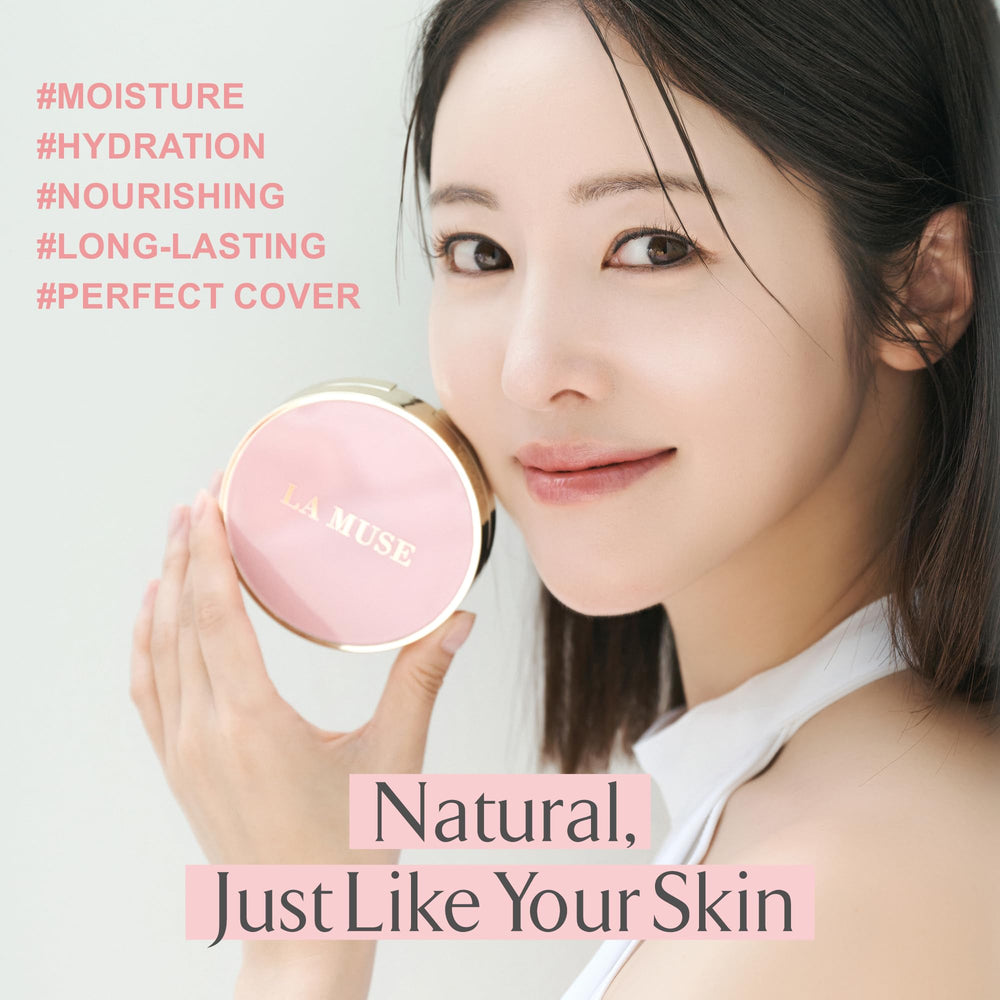 LA MUSE Correct Care Cushion puff applying the formula for a feather-light, natural finish.