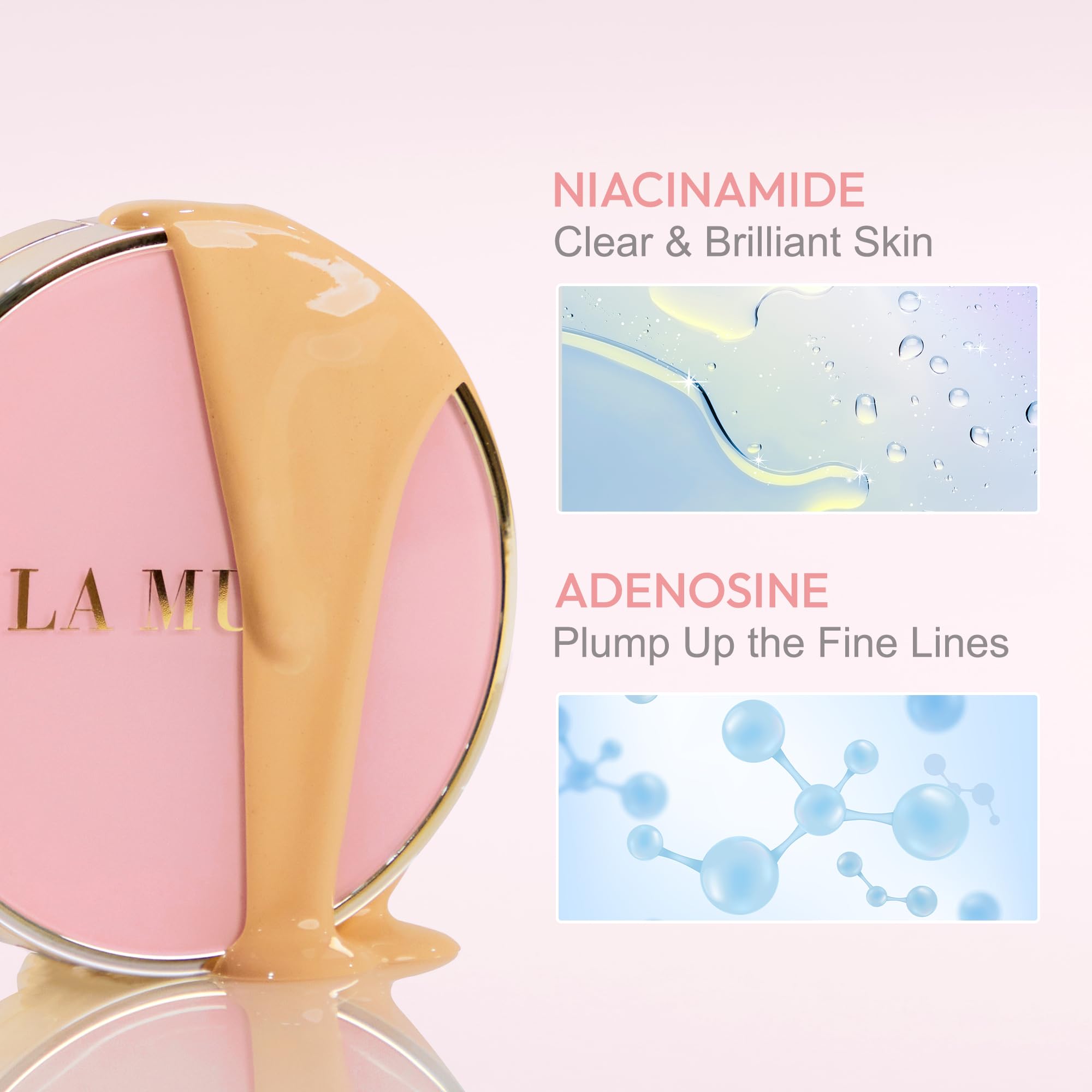 Close-up of LA MUSE Cushion texture showing smooth, dewy glow.
