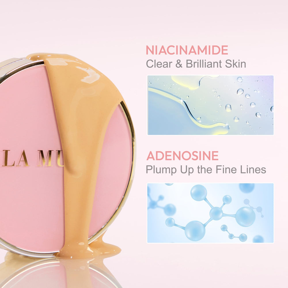 Close-up of LA MUSE Cushion texture showing smooth, dewy glow.