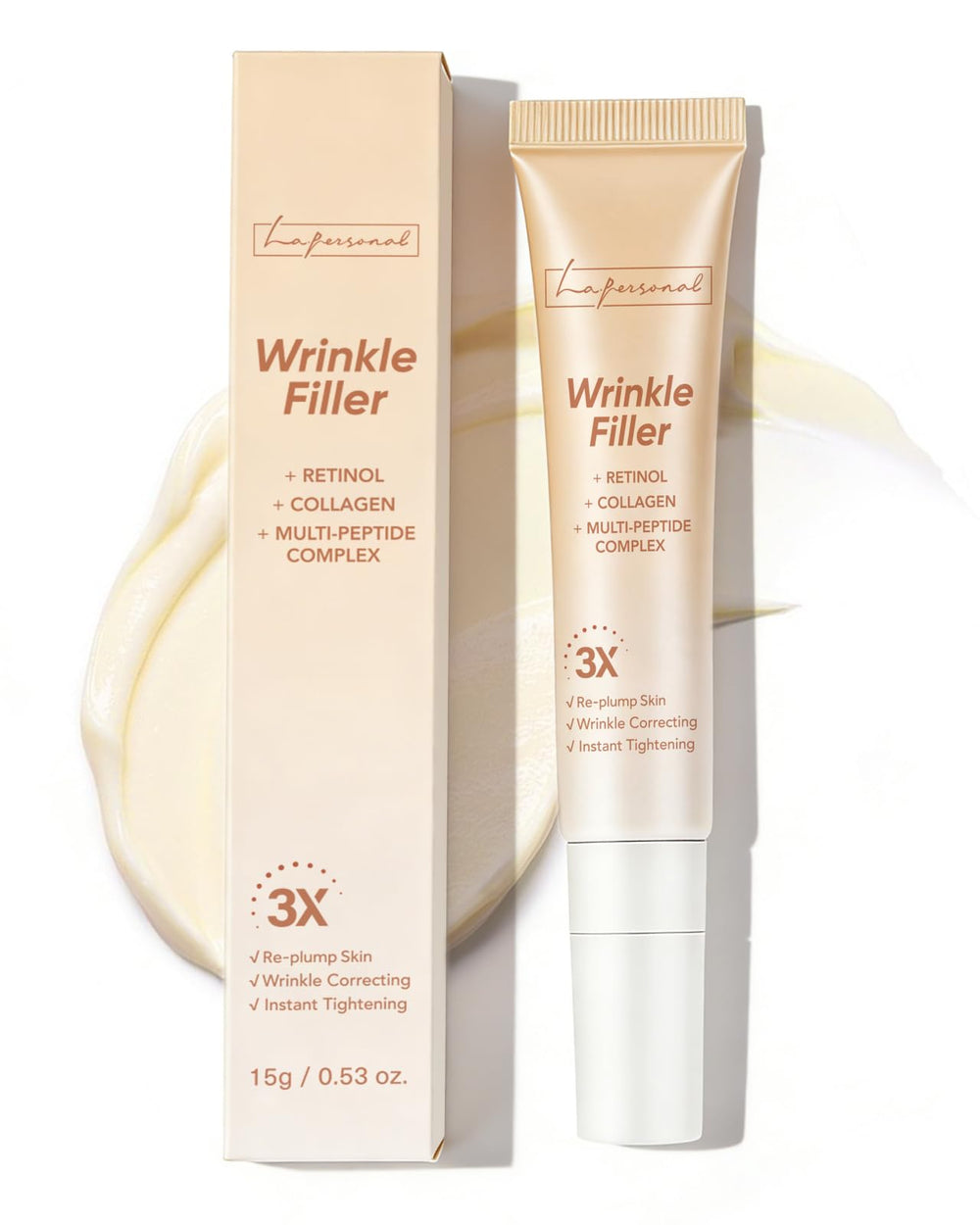 LA.PERSONAL wrinkle filler tube application shows instant smoothing for fine lines