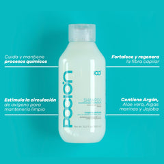 La Pocion Shampoo bottle close-up featuring Aloe Vera and Argan Oil.