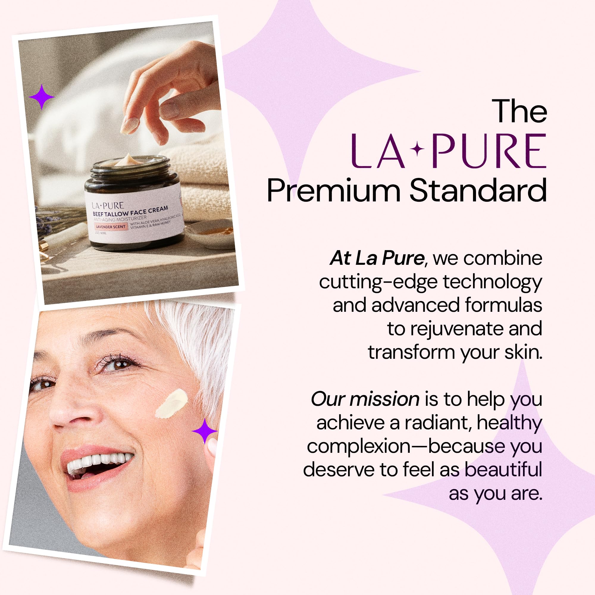 LA PURE Beef Tallow Face Cream being applied for gentle, quick absorption