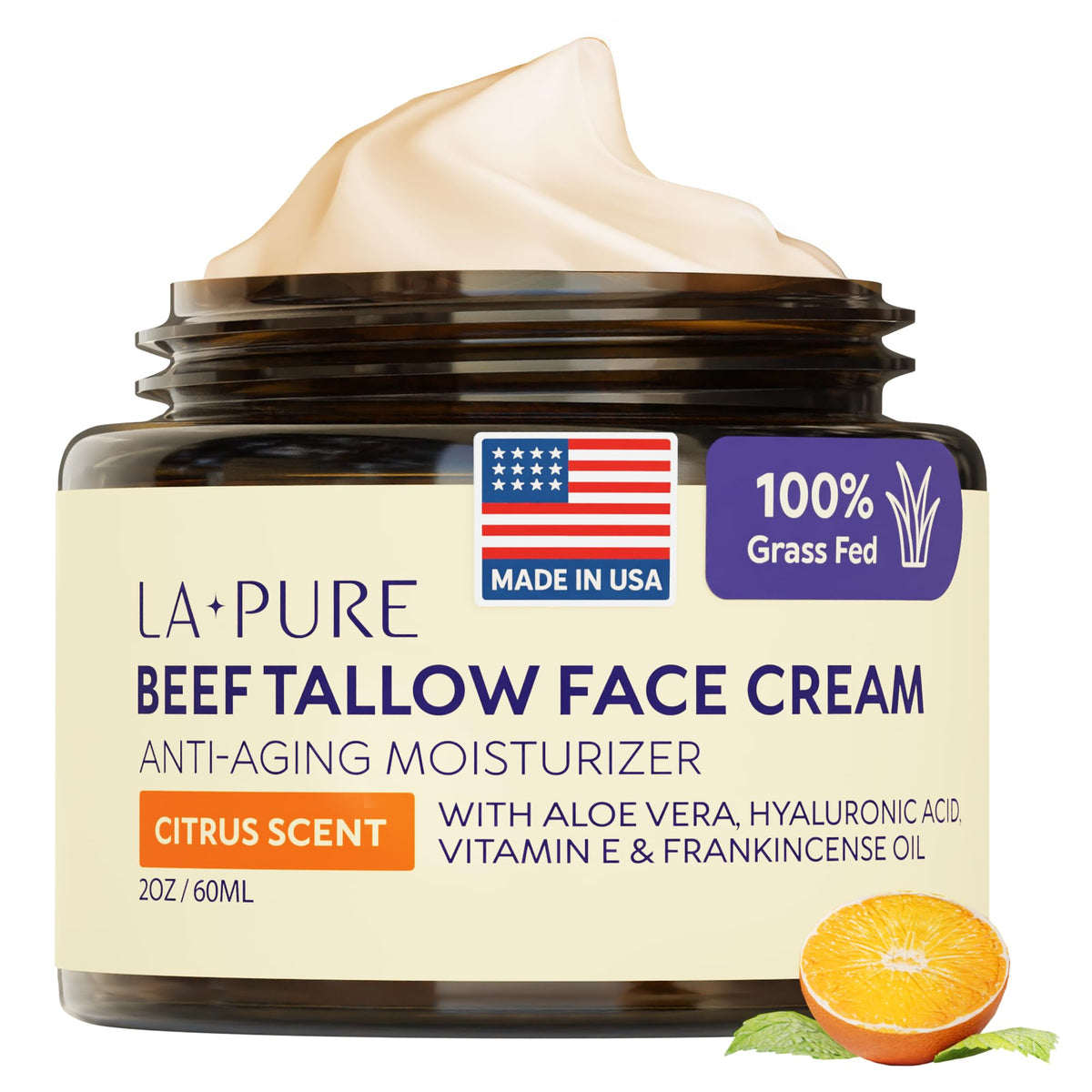 LA PURE Beef Tallow Face Cream bottle showing hydrating formula for radiant skin