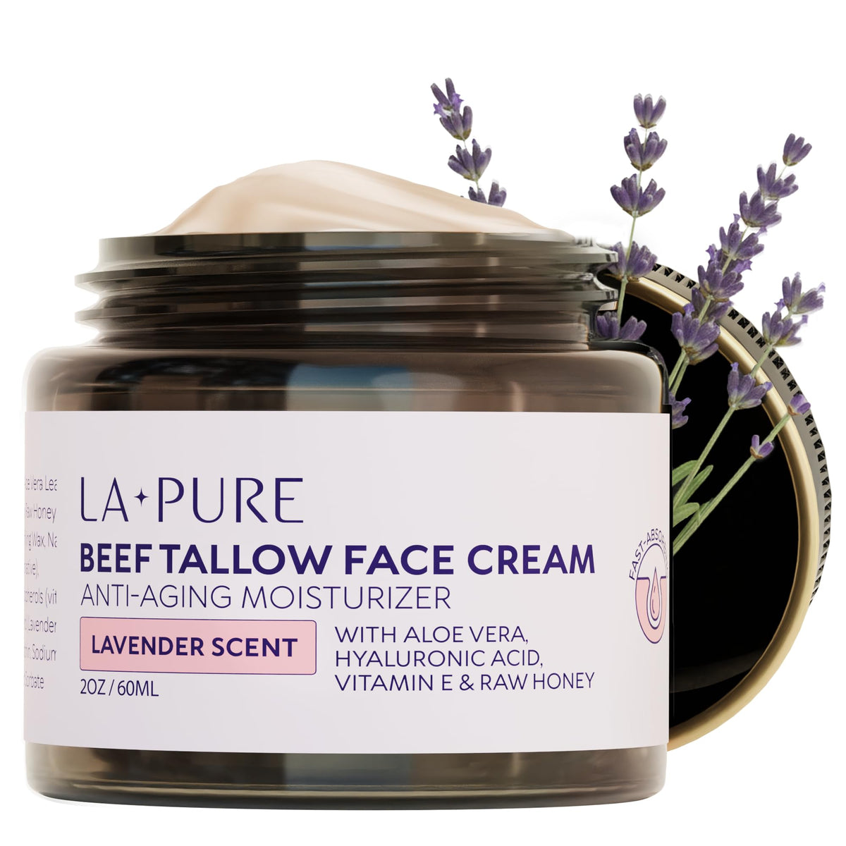 LA PURE Beef Tallow Face Cream bottle with calming hydration and lavender scent