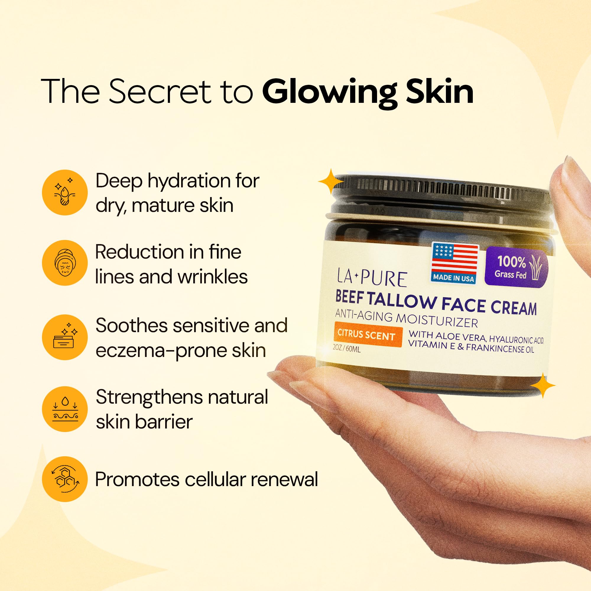 LA PURE Beef Tallow Face Cream ingredients panel highlights clean botanicals