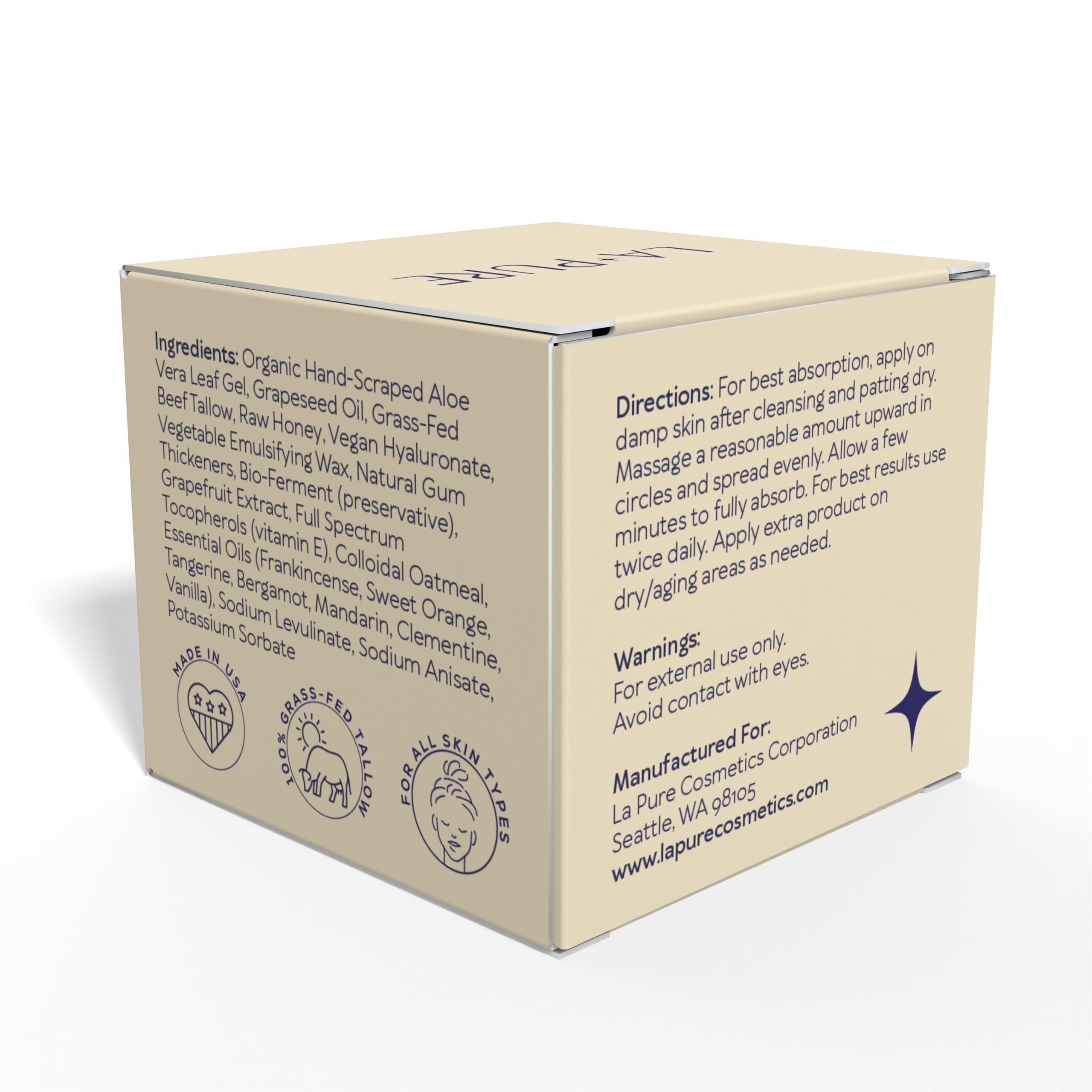 LA PURE Beef Tallow Face Cream made in USA packaging emphasizes care