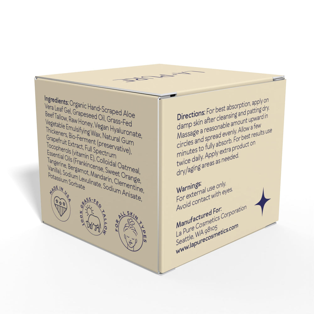 LA PURE Beef Tallow Face Cream made in USA packaging emphasizes care