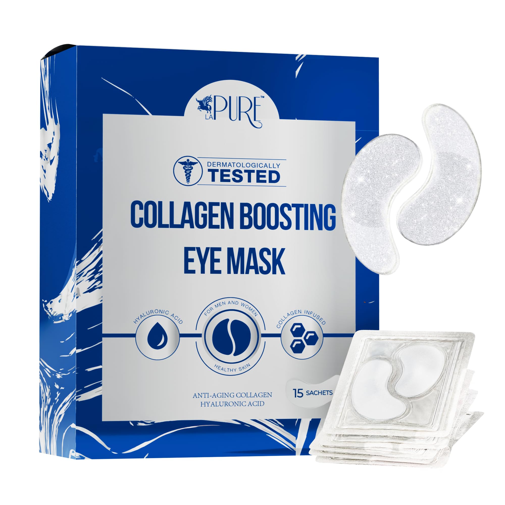 LA PURE collagen-boosting eye mask patches under eye for hydration and refreshed look on tired mornings.