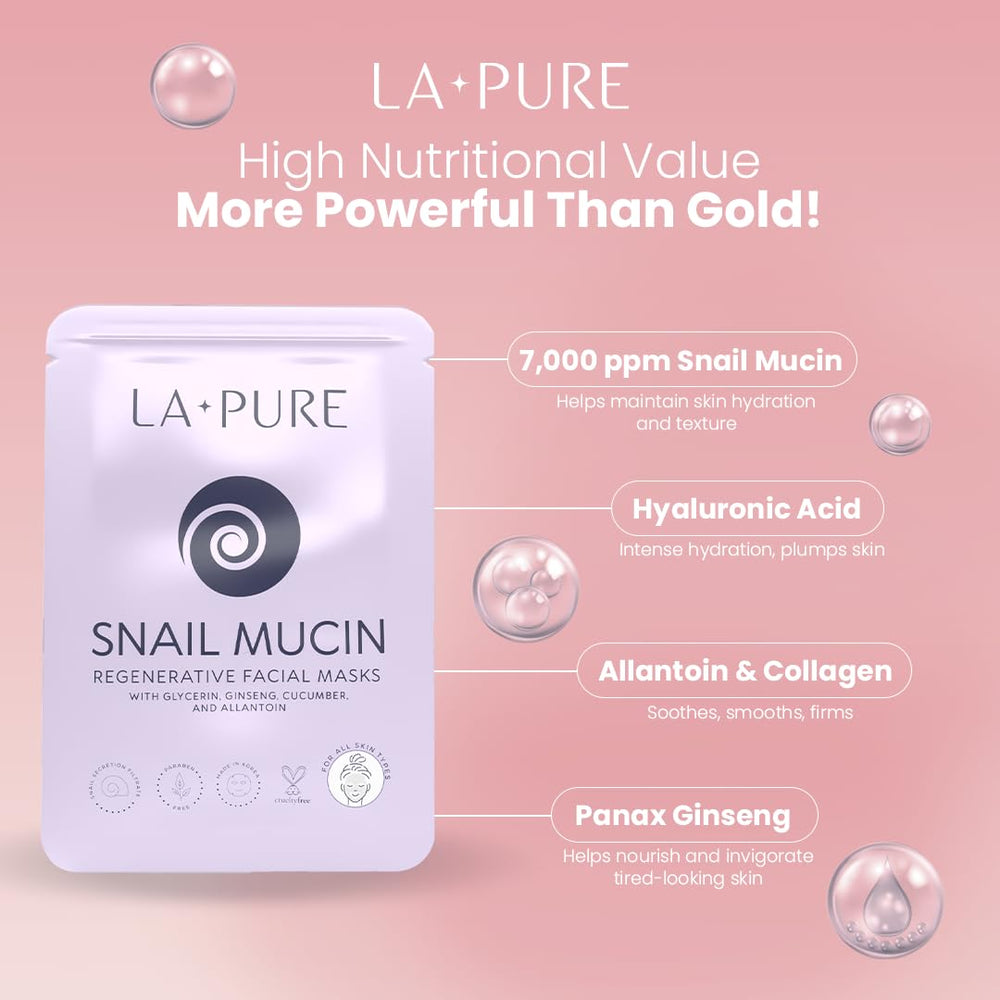 LA PURE Snail Mucin Mask on skin delivering deep hydration and plump look.