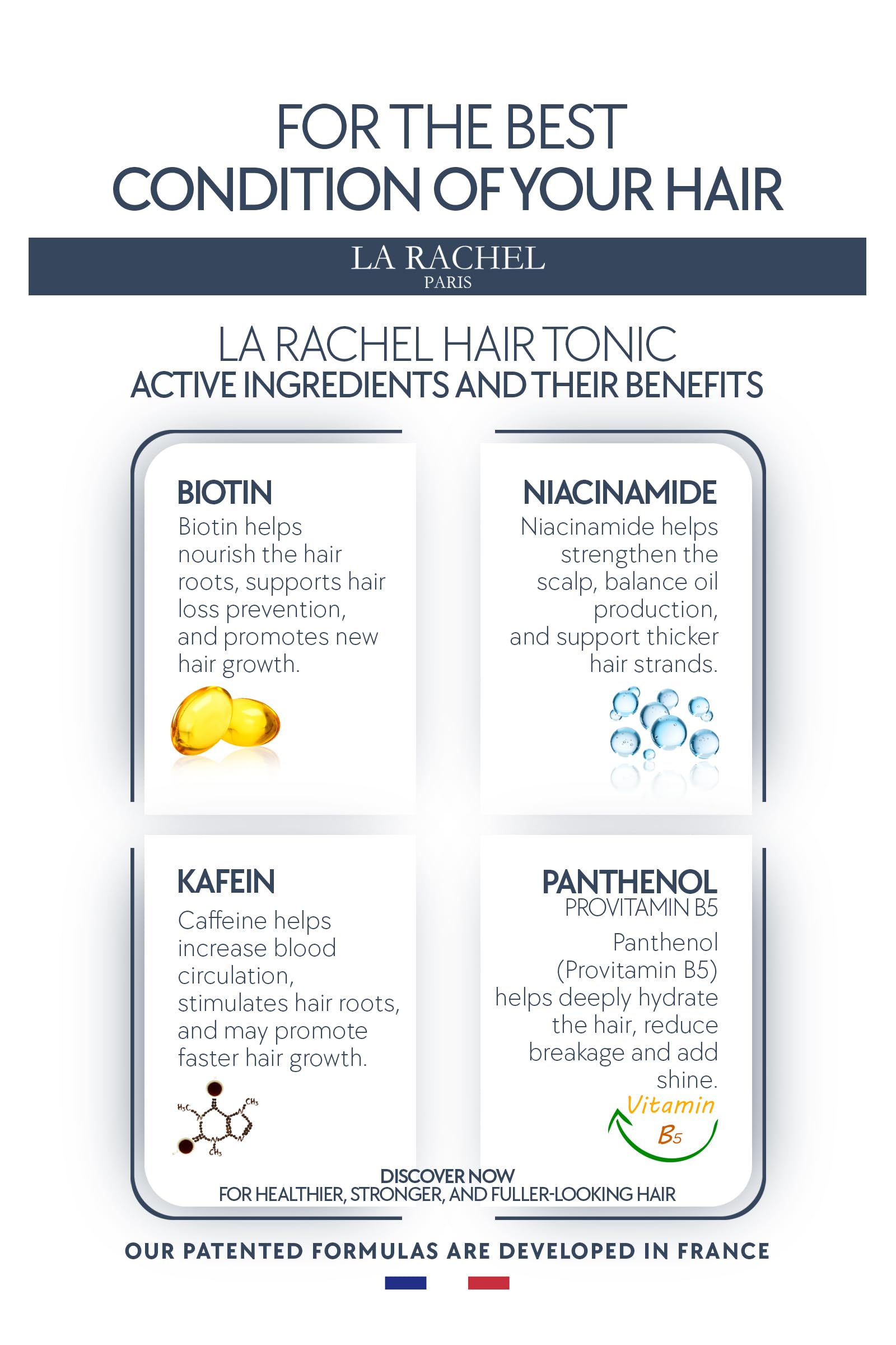 La Rachel anti-hair loss tonic scalp-application shows fast absorption on dry or damp hair.