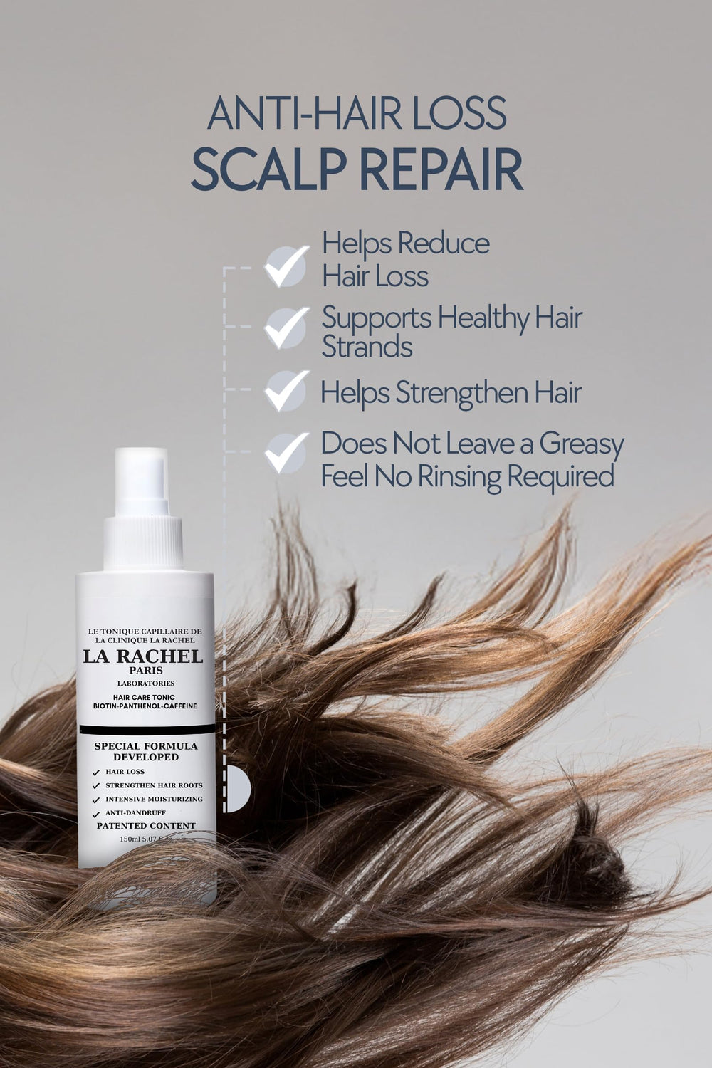 La Rachel anti-hair loss tonic packaging close-up highlights clean formula and premium design.