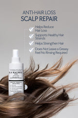 La Rachel anti-hair loss tonic packaging close-up highlights clean formula and premium design.