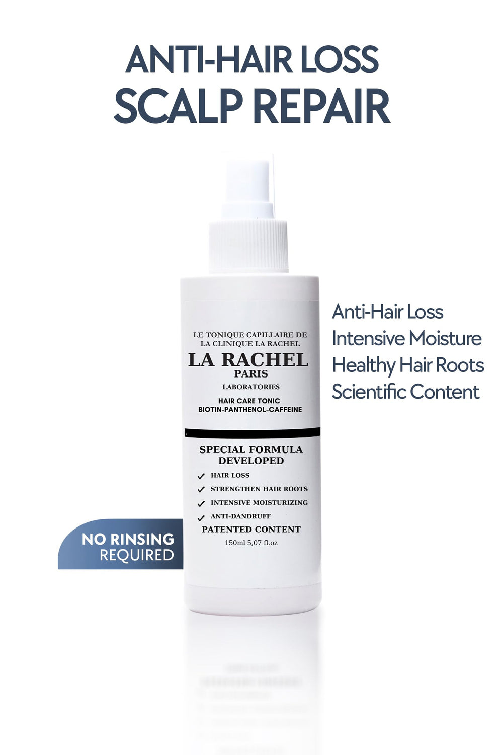 La Rachel anti-hair loss tonic pump-dispense enables quick scalp application.