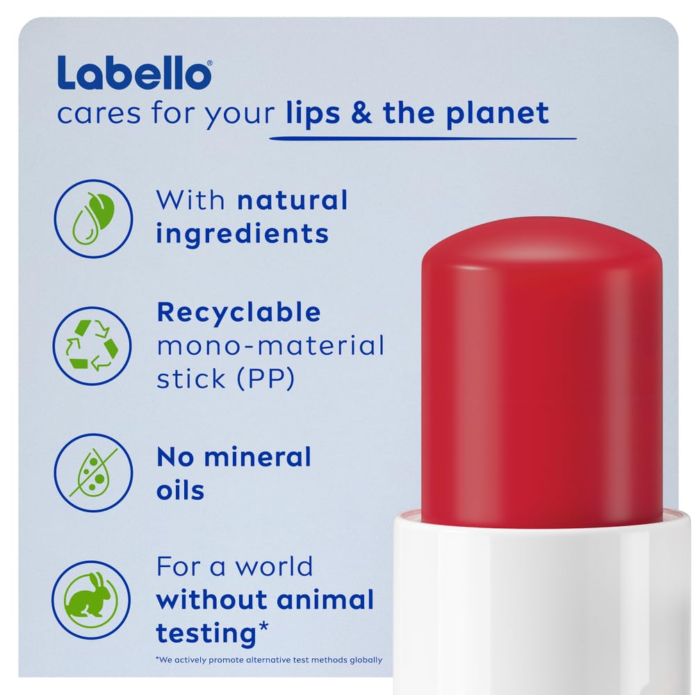 Labello Cherry lip balm swatch protects lips from dryness.