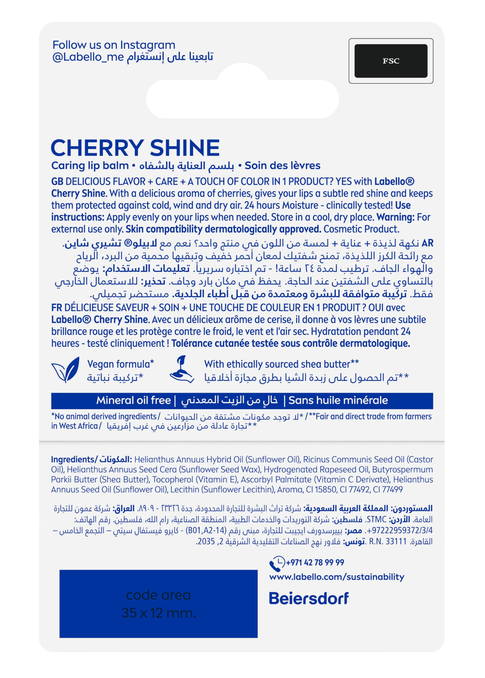 Labello cherry lip balm ingredient panel highlighting moisturizing ingredients.