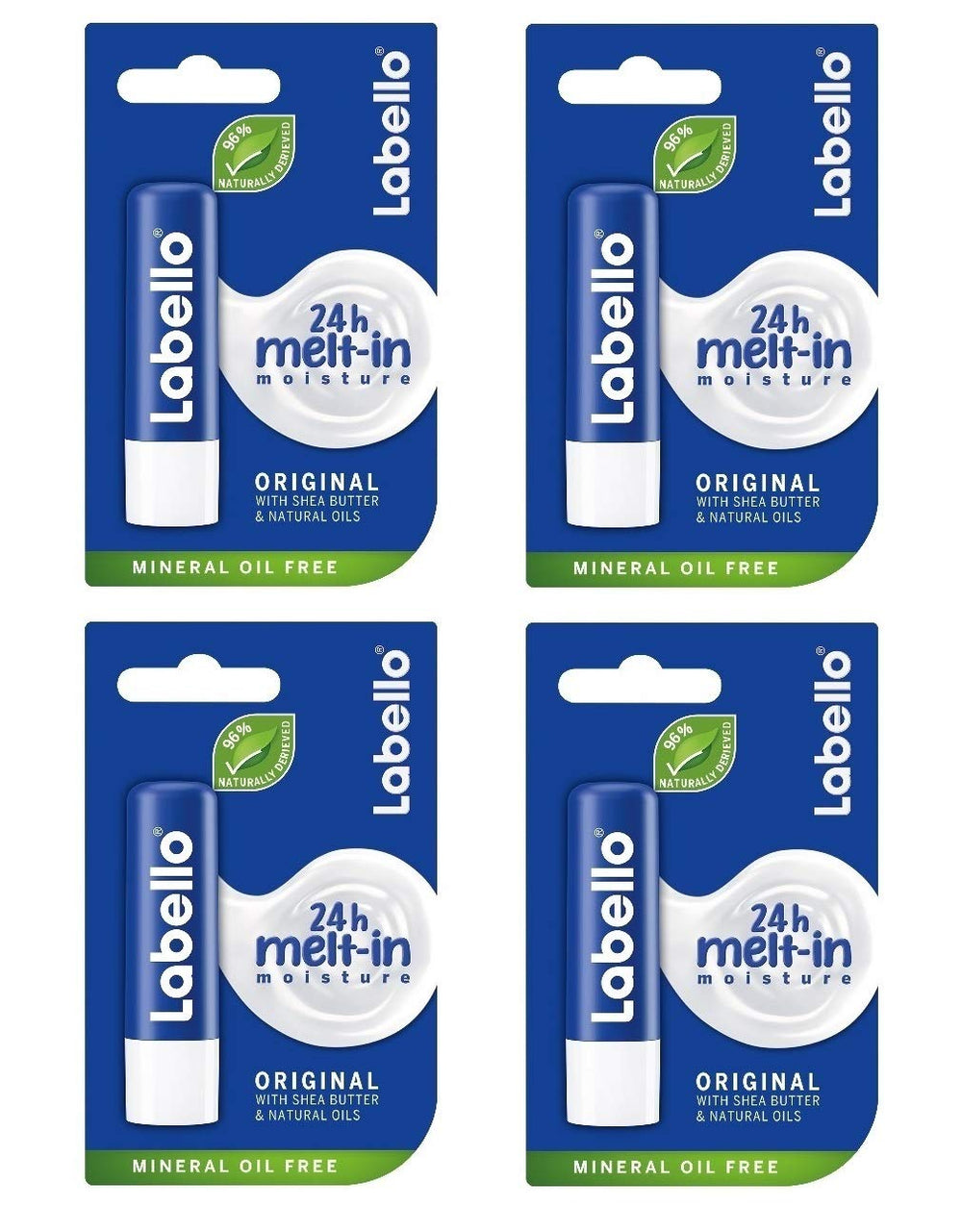 Labello Classic Care lip balm 4-pack tubes for daily hydration and protection.