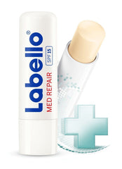 Labello Lib Balm MED Repair close-up shows creamy texture for dry lips relief.
