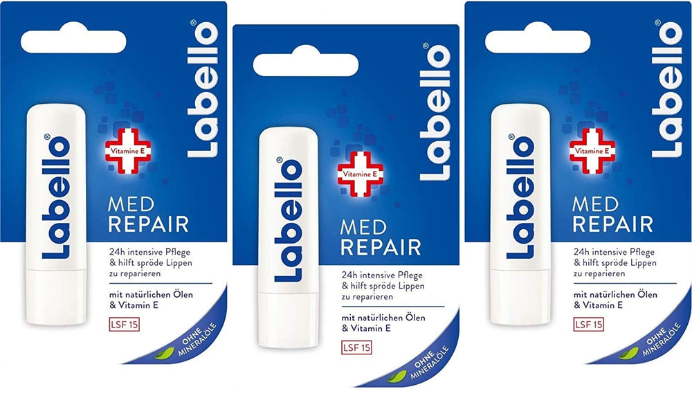 Labello Med Repair trio packaging showing nourishing lip care for dry lips