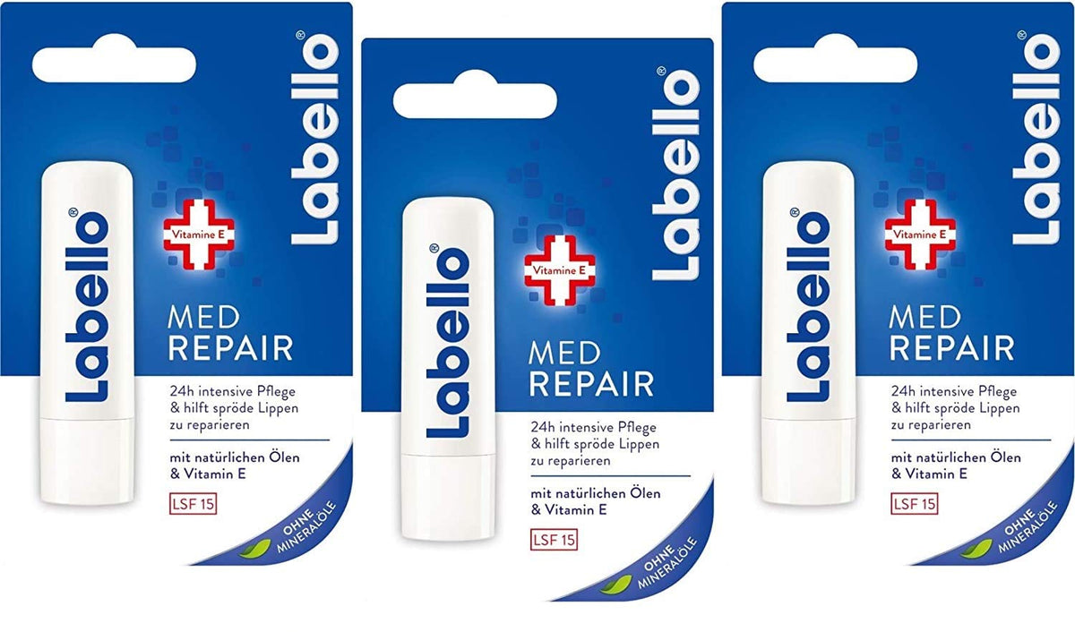 Labello Med Repair trio packaging showing nourishing lip care for dry lips