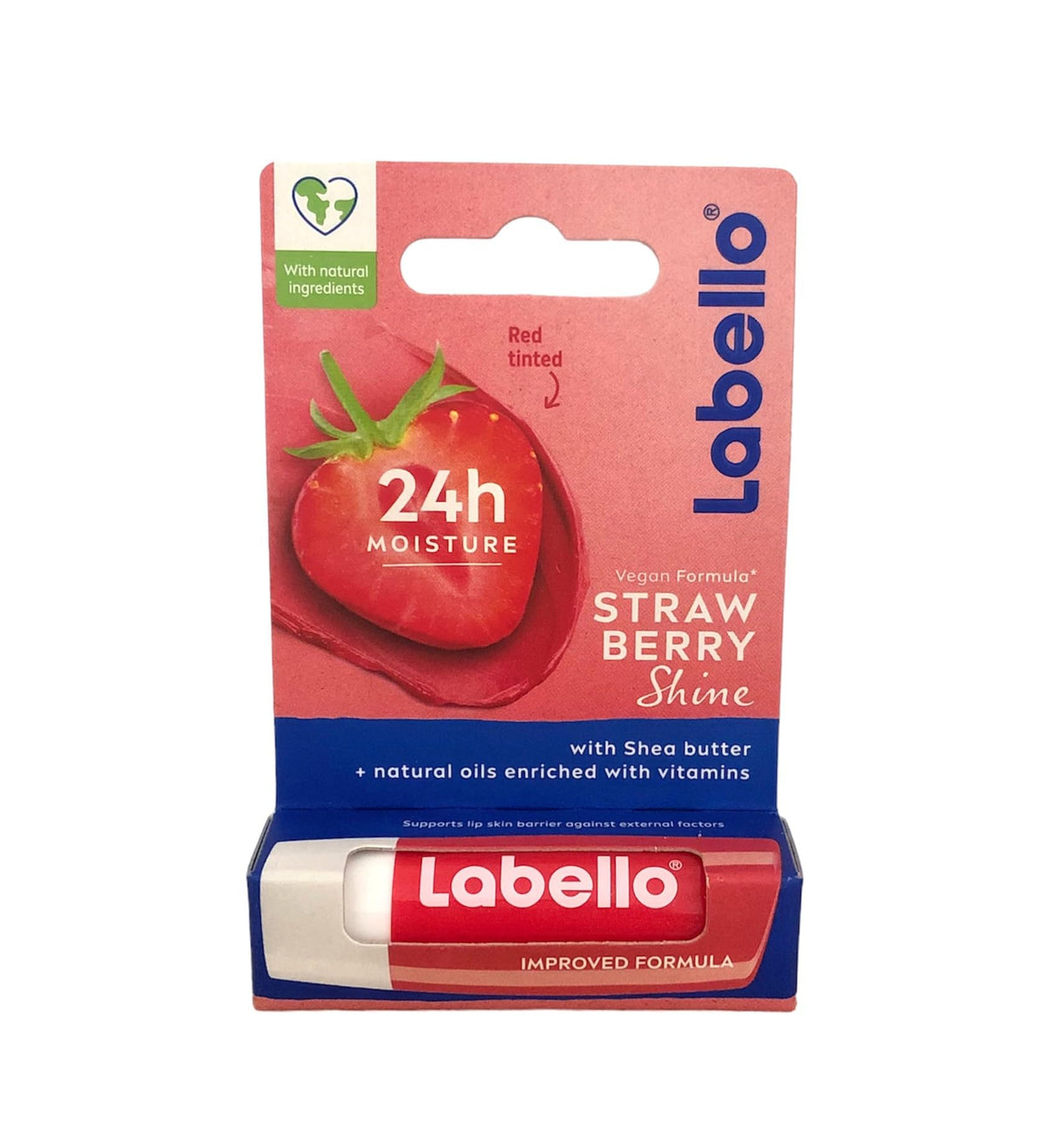 Labello Strawberry Lip Balm with glossy finish showcases a vibrant look and hydrated lips.