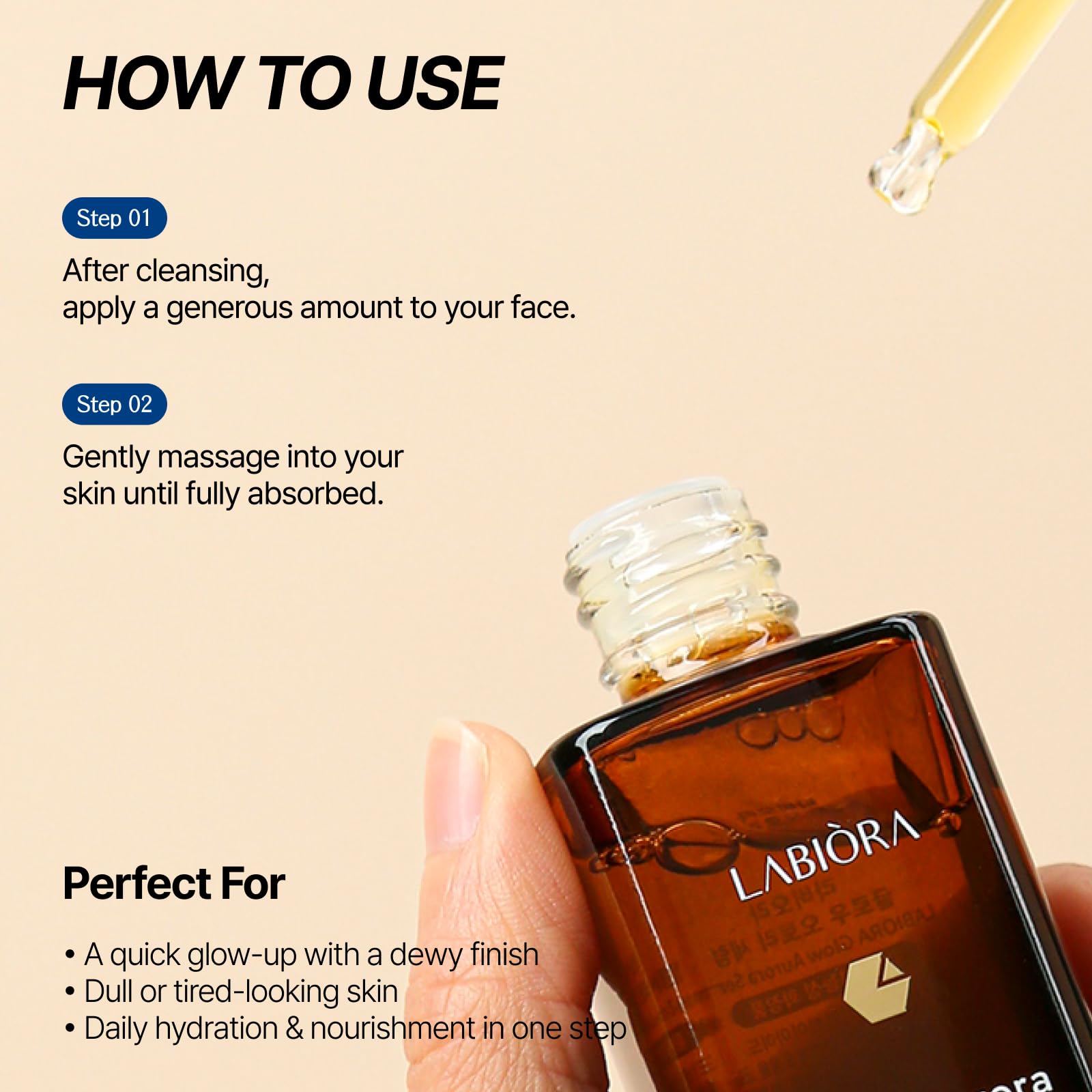 Labiora Glow Aurora Serum 30ml bottle emphasizes travel-friendly daily skincare.