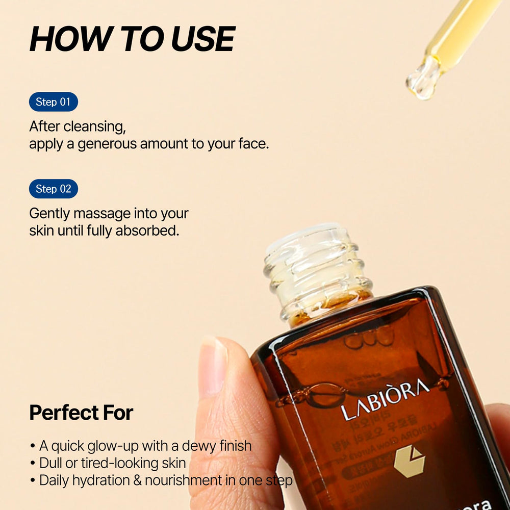 Labiora Glow Aurora Serum 30ml bottle emphasizes travel-friendly daily skincare.