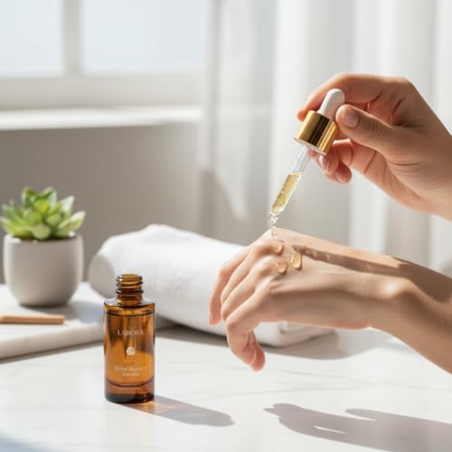 Labiora Glow Aurora Serum swirl on skin reveals dewy, fresh-looking complexion.
