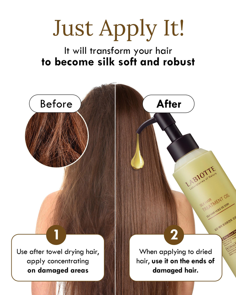 LABIOTTE Silk Oil apply on dry hair for easy nourishment